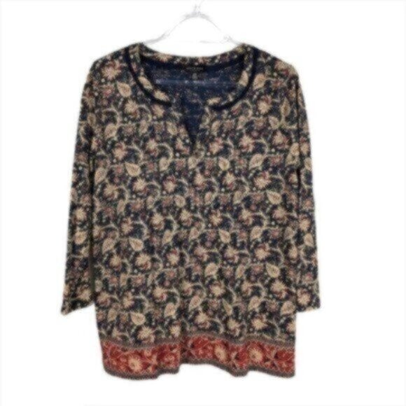 NWT Lucky Brand Navy/Rust Floral Print Bohemian Casual Blouse Medium - Picture 1 of 6